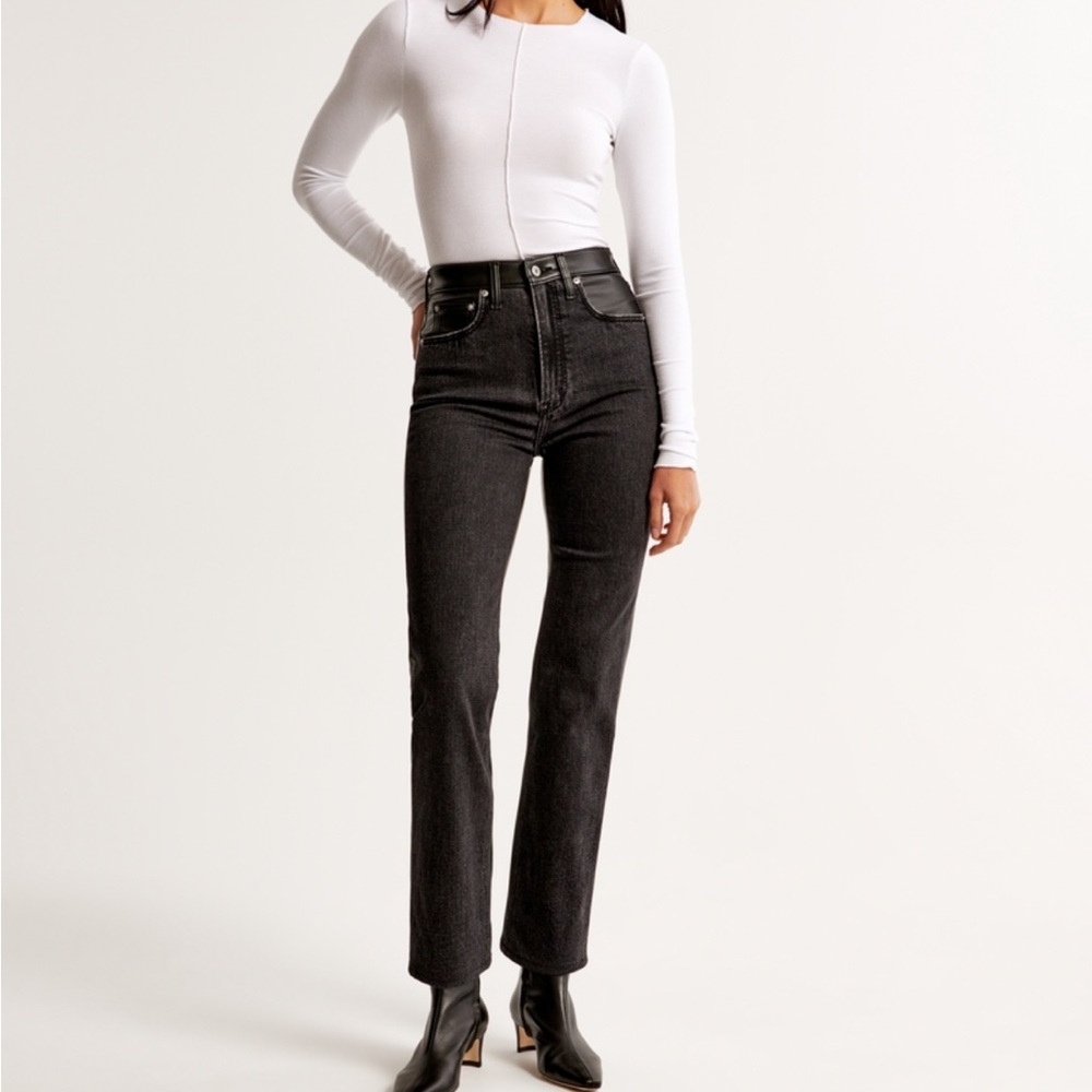 Black High-Waisted Women's Jeans - Jean/Leather Mixed Fabric